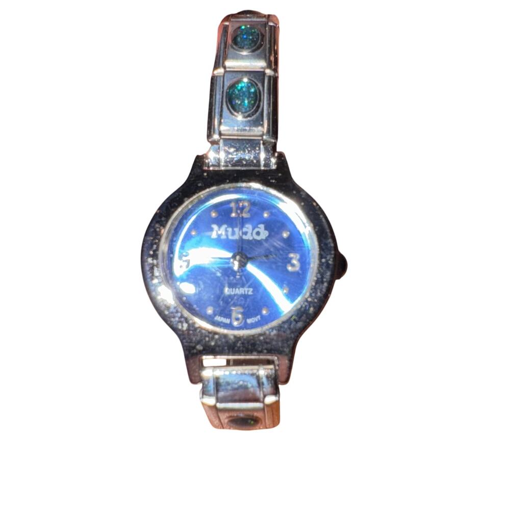 Y2K Vintage Blue Face Mudd Watch Stainless Steel Chain Link Band Japan Movement